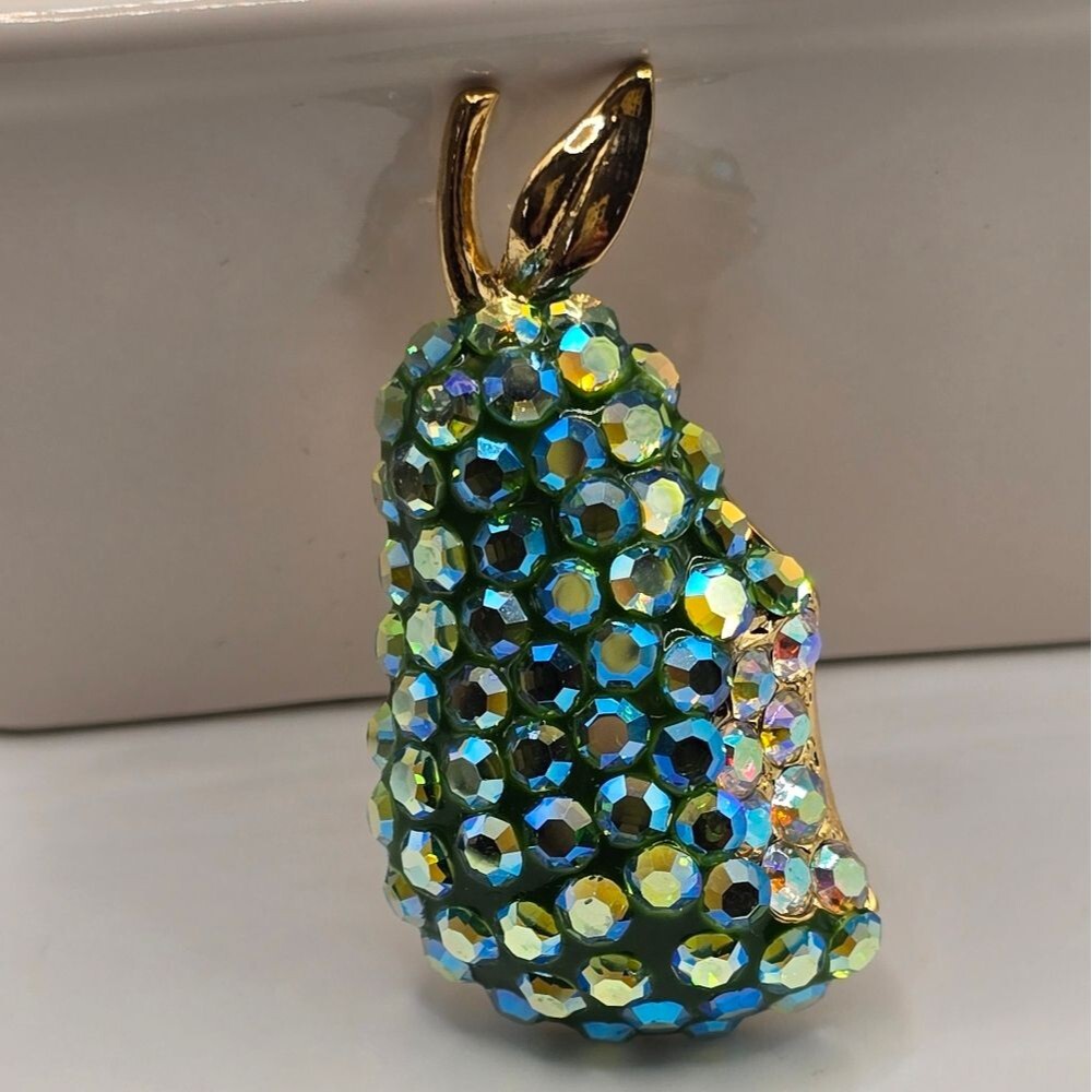 Vintage Suzanne Bjontegard Pear Brooch Green Iridescent and AB Rhinestones